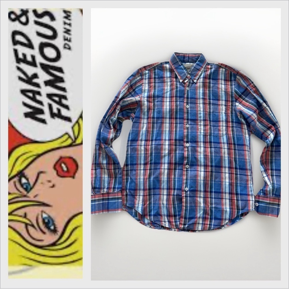 Naked & Famous Japanese Cotton Red, White & Blue Plaid shirt Size M